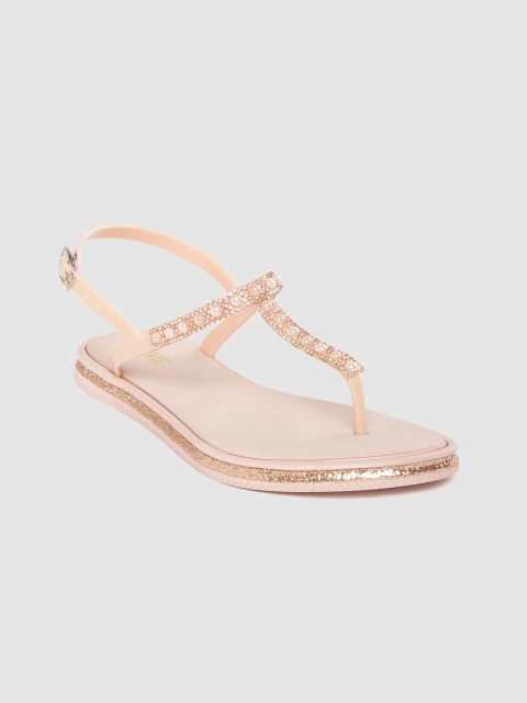 

Lavie Women Peach-Coloured & Off-White Embellished T-Strap Flats