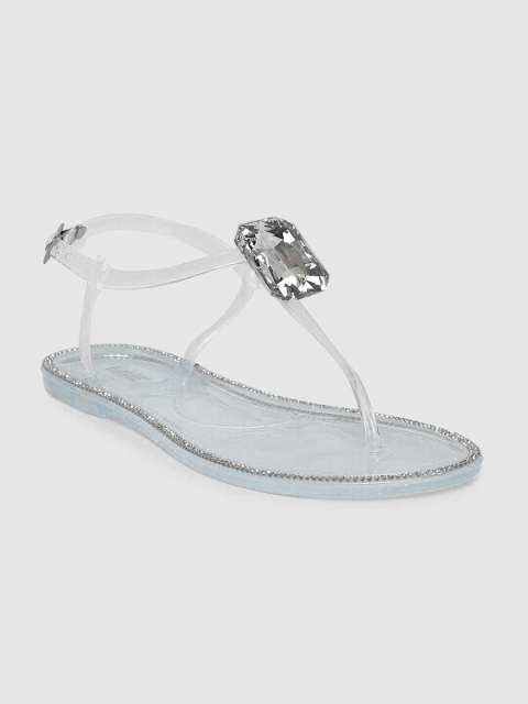 

Lavie Women Transparent Solid T-Strap Flats With Stone Studded Detail
