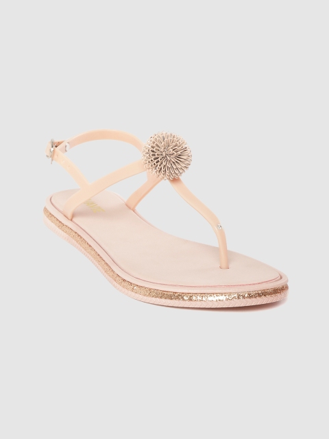 

Lavie Women Peach-Coloured Solid T-Strap Flats with Floral Detail