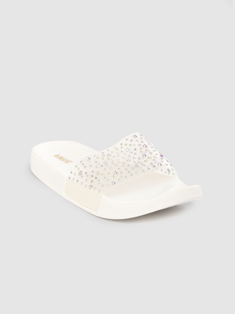 

Lavie Women Transparent & Silver-Toned Embellished Open Toe Flats