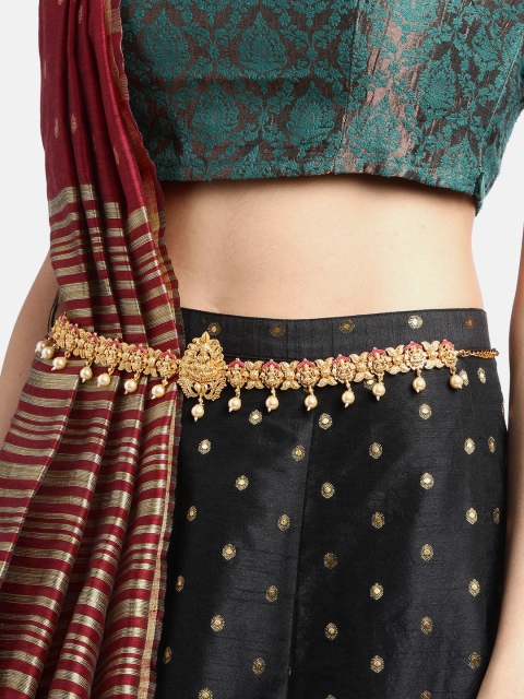 

JEWELS GEHNA Magenta & Off-White Gold-Plated CZ-Studded & Beaded Temple Kamarbandh