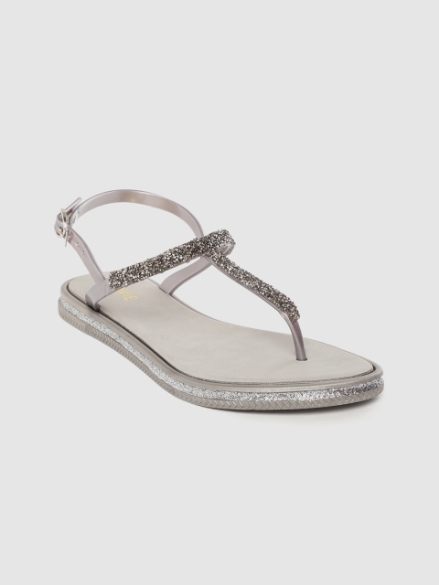 

Lavie Women Grey & Gunmetal-Toned Embellished T-Strap Flats