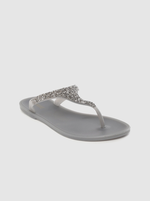 

Lavie Women Grey & Gunmetal-Toned Embellished T-Strap Flats