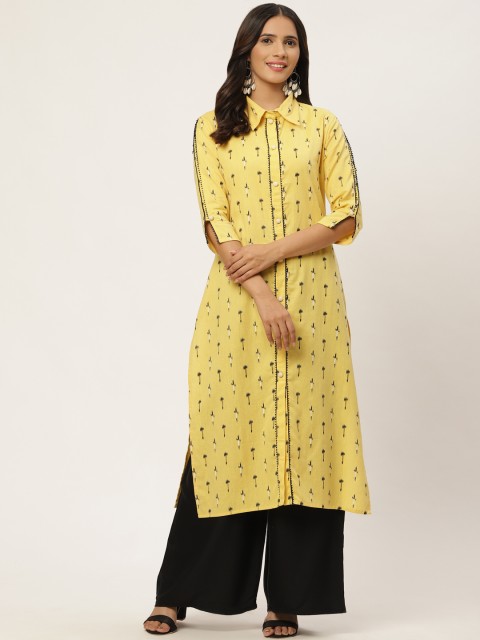 

FABRIC FITOOR Women Yellow & Black Ikat Printed Straight Kurta