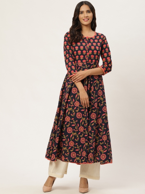 

FABRIC FITOOR Women Navy Blue & Peach-Coloured Printed A-Line Kurta