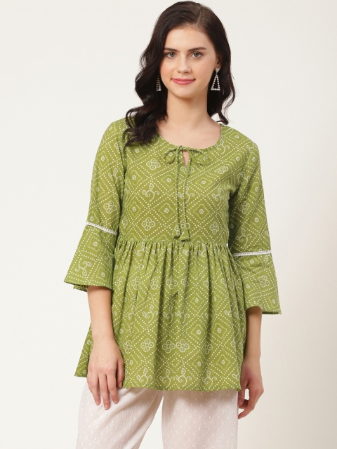 

FABRIC FITOOR Women Olive Green & White Bandhani Printed A-Line Pure Cotton Top