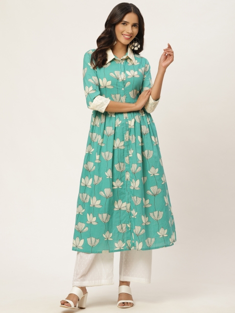 

FABRIC FITOOR Women Green & White Floral Printed A-Line Kurta