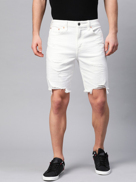 

AMERICAN EAGLE OUTFITTERS Men White Solid Regular Fit Distressed Denim Shorts