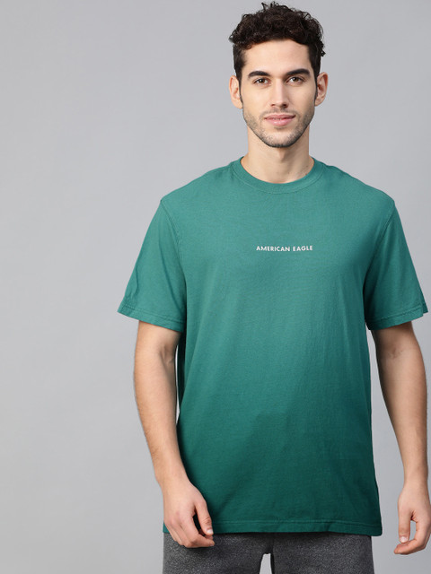 

AMERICAN EAGLE OUTFITTERS Men Teal Green Ombre Effect Standard Fit Round Neck Pure Cotton T-shirt