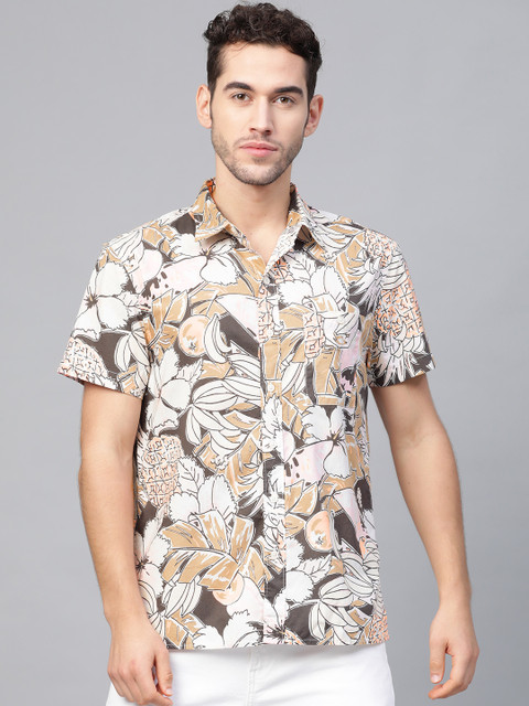 

AMERICAN EAGLE OUTFITTERS Men Beige & Black Regular Fit Tropical Printed Casual Shirt