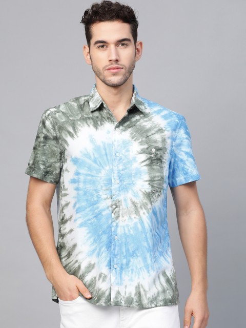 

AMERICAN EAGLE OUTFITTERS Men Olive Green & Blue Regular Fit Tie & Dyed Casual Shirt