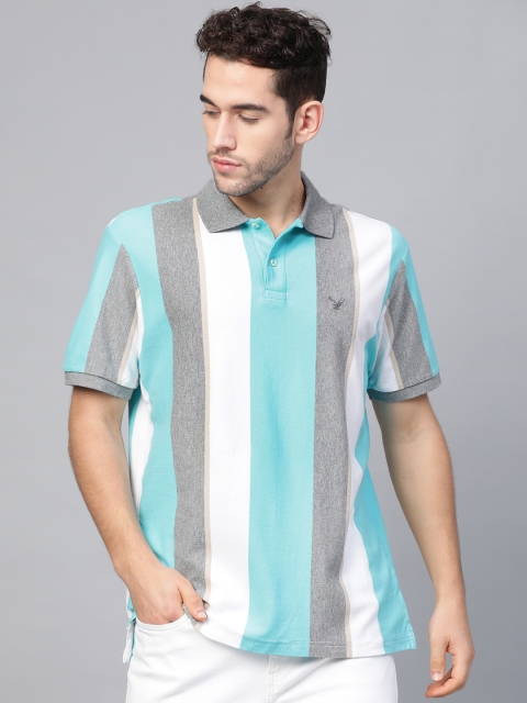 

AMERICAN EAGLE OUTFITTERS Men Blue & Grey Melange Standard Fit Striped Polo Collar T-shirt