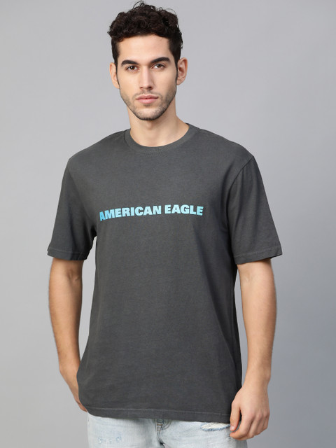 

AMERICAN EAGLE OUTFITTERS Men Charcoal Grey Standard Fit Solid Round Neck Pure Cotton T-shirt