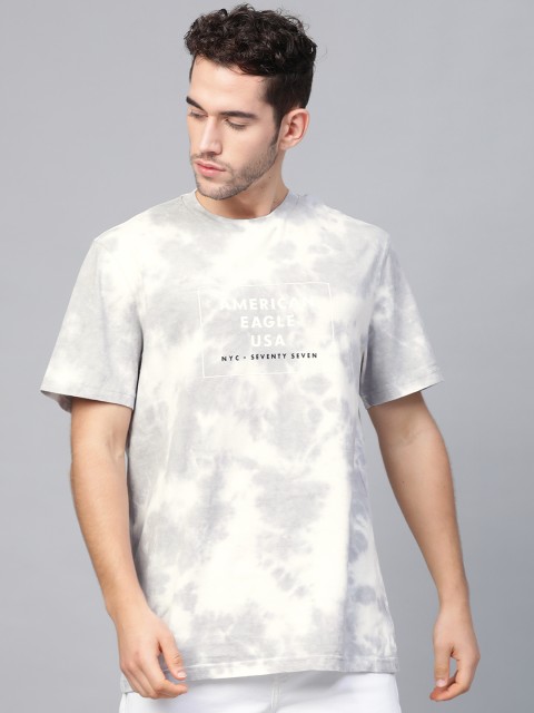 

AMERICAN EAGLE OUTFITTERS Men Grey & Off-White Standard Fit Dyed Round Neck T-shirt