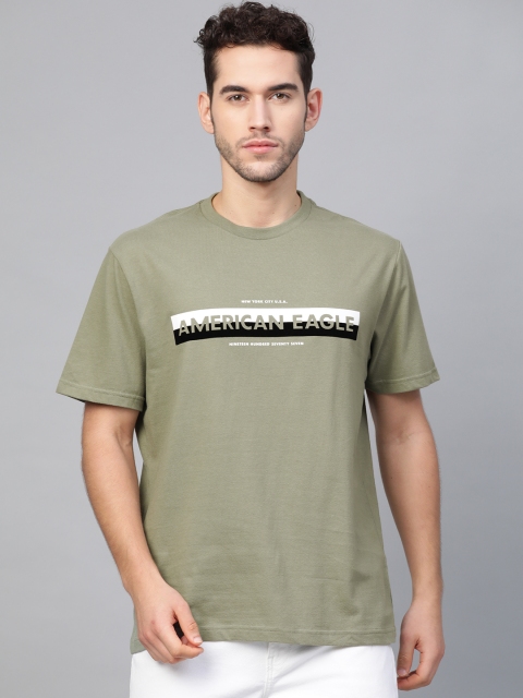 

AMERICAN EAGLE OUTFITTERS Men Olive Green Standard Fit Printed Round Neck T-shirt
