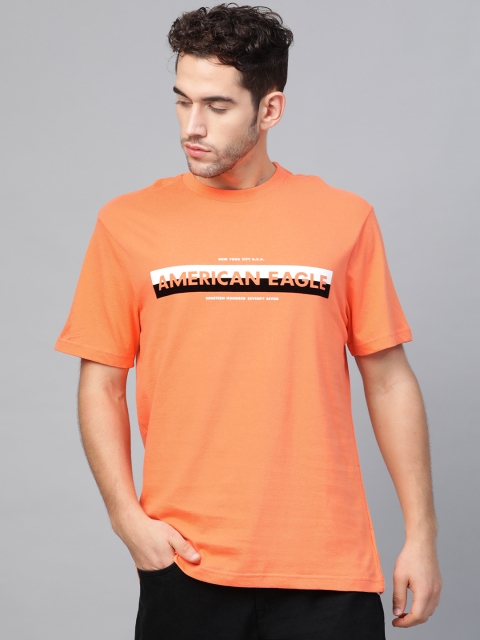 

AMERICAN EAGLE OUTFITTERS Men Coral Orange Standard Fit Printed Round Neck T-shirt