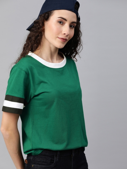 

HERE&NOW Women Green Solid Round Neck T-shirt