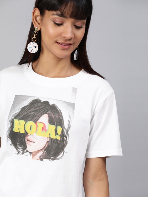 

HERE&NOW Women White Printed Round Neck T-shirt