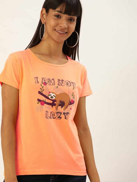 Women Orange Printed Round Neck Pure Cotton T-shirt
