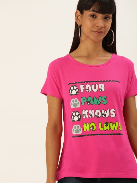

Moda Rapido Women Pink Printed Round Neck Pure Cotton T-shirt