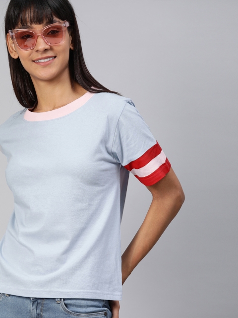 

HERE&NOW Women Blue Solid Round Neck T-shirt