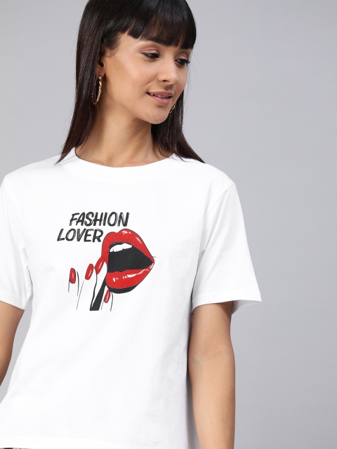 

HERE&NOW Women White Quirky Print Round Neck T-shirt