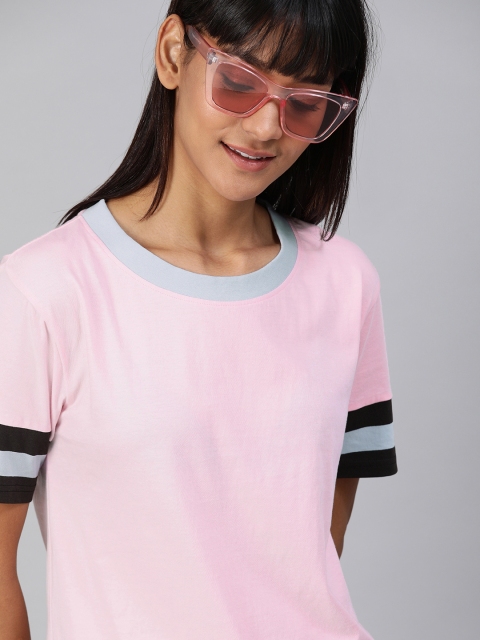 

HERE&NOW Women Pink Solid Round Neck T-shirt with Striped Sleeves