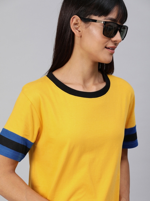 

HERE&NOW Women Yellow Solid Round Neck T-shirt with Striped Sleeves