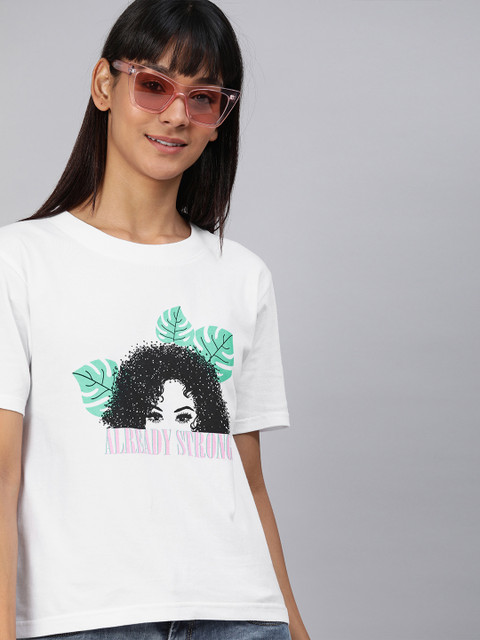 

HERE&NOW Women White Solid Round Neck T-shirt