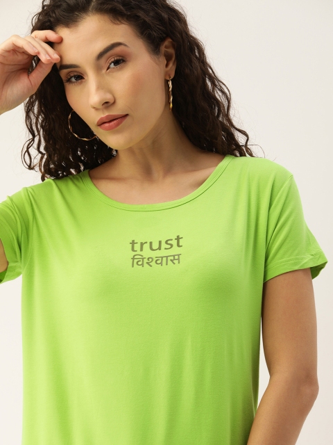 

Moda Rapido Women Fluorescent Green Solid Round Neck T-shirt with Print Detail