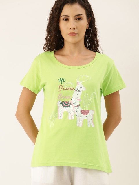 

Moda Rapido Women Green Printed Round Neck Pure Cotton T-shirt