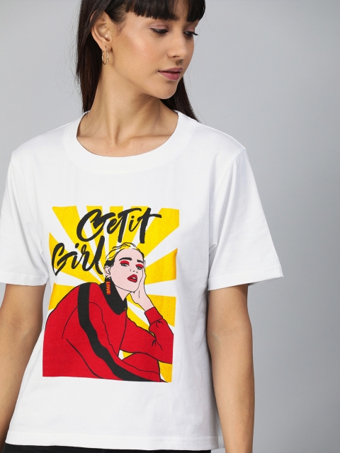 

HERENOW Women White Printed Round Neck Pure Cotton T-shirt