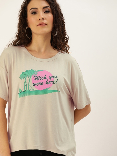 

Moda Rapido Women Taupe Boxy Fit Printed Round Neck T-shirt