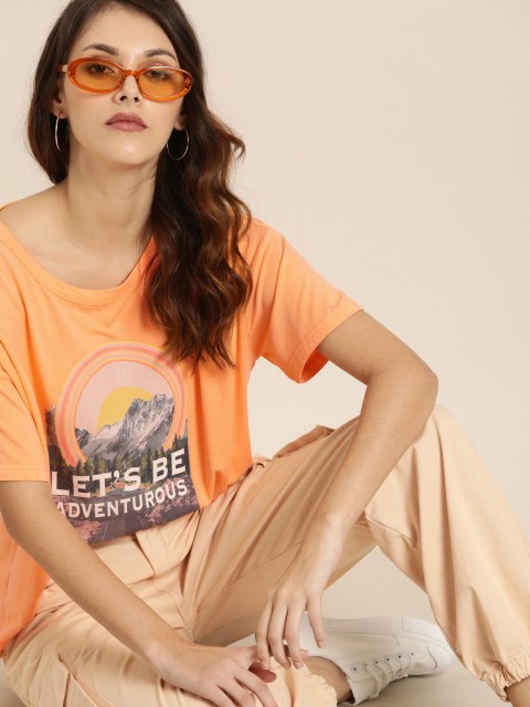 

Moda Rapido Women Orange Printed Round Neck T-shirt