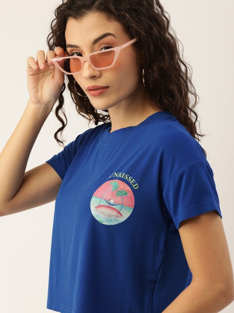 

Moda Rapido Women Navy Blue Solid Round Neck Cropped T-shirt with Print Detail