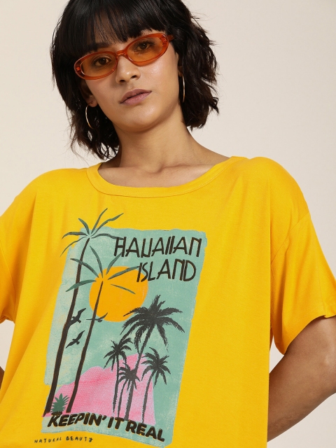 

Moda Rapido Women Yellow Printed Round Neck T-shirt