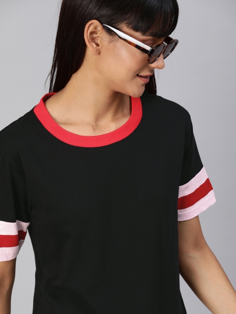 

HERE&NOW Women Black Solid Round Neck T-shirt