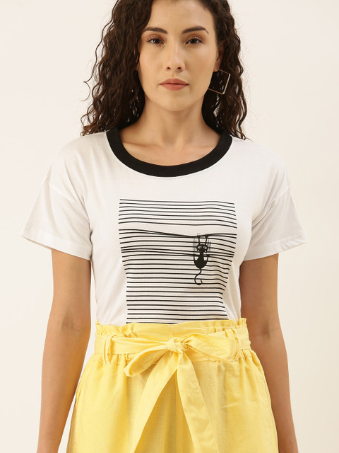 

Moda Rapido Women White & Black Striped Round Neck T-shirt