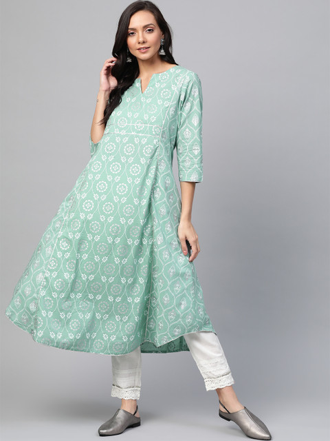 

Sangria Women Sea Green & White Ethnic Printed A-Line Kurta