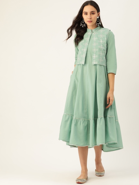 

Sangria Women Green & White Ethnic Printed Layered A-Line Dress