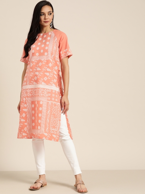 

Sangria Women Coral Pink & White Ethnic Print Pure Cotton Straight Kurta