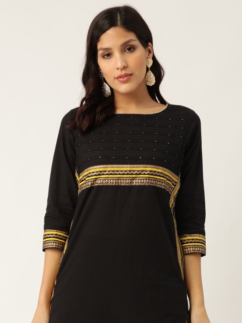 Women Black & Mustard Yellow Sequinned Yoke Design Kurta with Trousers