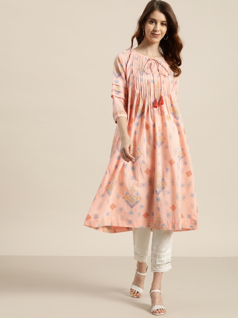 

Sangria Women Peach-Coloured & Blue Pleated Ethnic Print Kurta