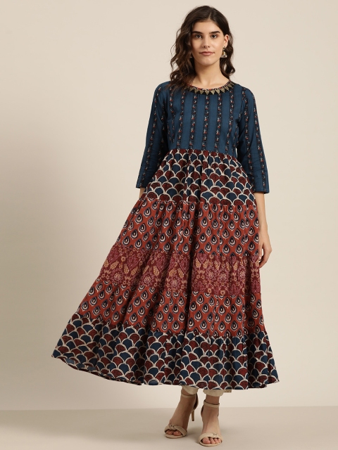 

Sangria Women Navy Blue & Maroon Printed Tiered Pure Cotton Anarkali Kurta