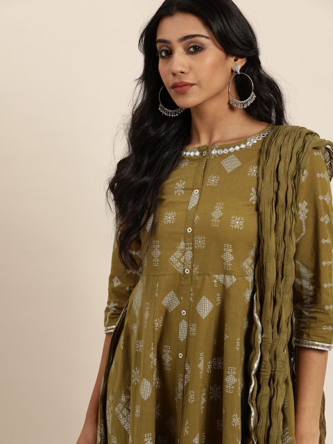 

Sangria Women Olive Green & Silver Printed A-Line Kurta Palazzo Dupatta Set