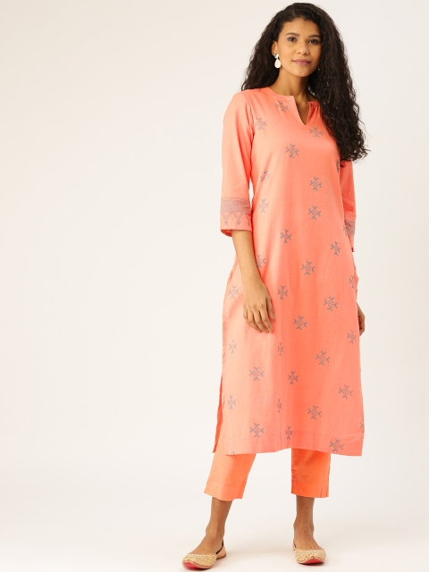 

Sangria Women Peach-Coloured & Grey Printed Kurta with Trousers