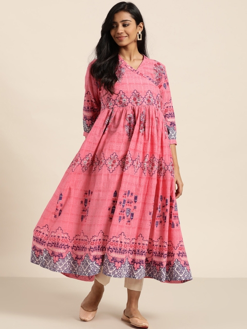 Sangria Women Pink & Blue Ethnic Motifs Print Angrakha Anarkali Kurta with Tie-Ups