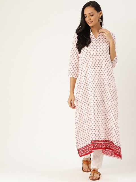 

Sangria Women White and Red Ethnic Printed Asymmetric A-Line Kurta