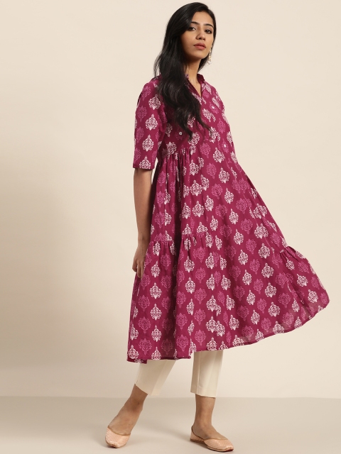 

Women Mirror Embroidered Cotton Printed Tiered A-Line Kurta, Magenta