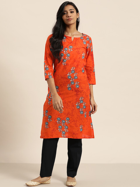 

Sangria Women Orange & Blue Floral Printed Straight Kurta